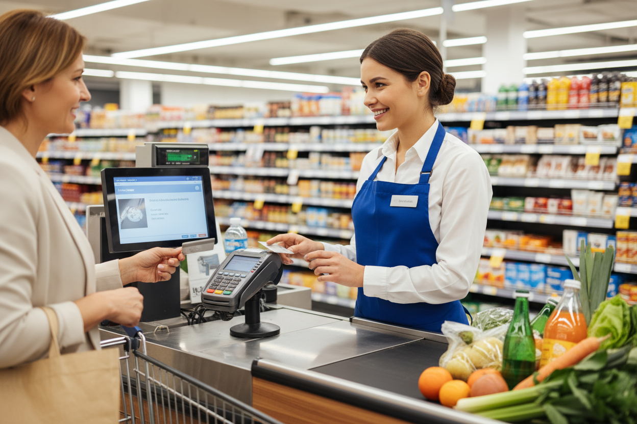 cajera humana de supermercado cobrando a un cliente pagando con tarjeta de credito