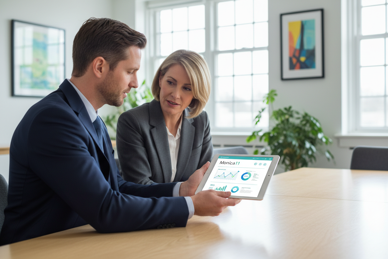 Hombre usando Monica11 en tablet con cliente