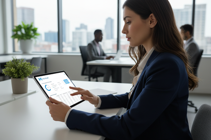 mujer utilizando software monica11 en tablet